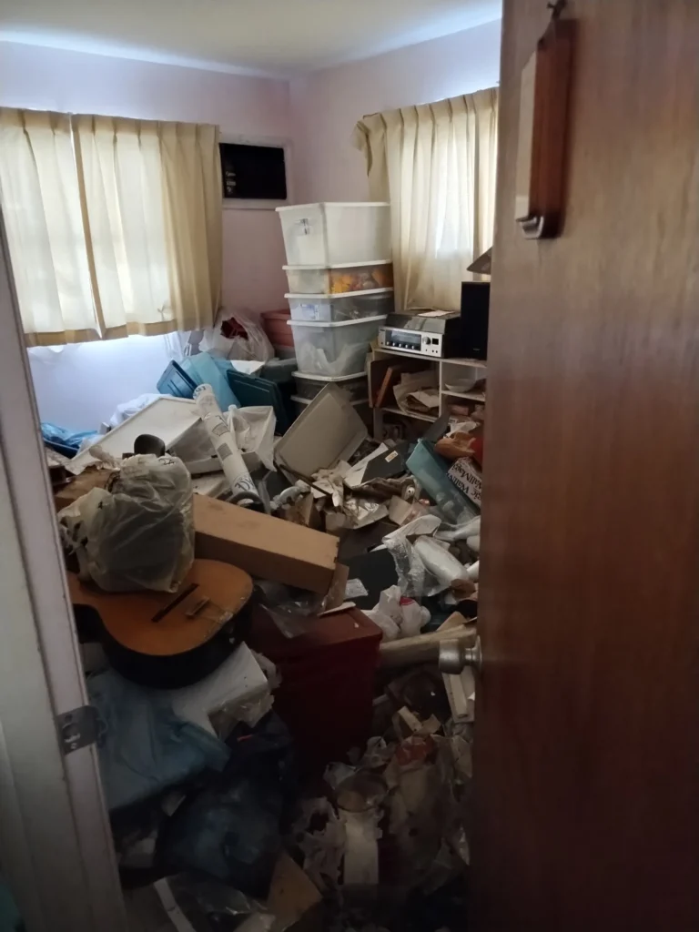 A heavily cluttered and messy room with piles of boxes, plastic bins, and debris viewed through a doorway, illustrating a severe hoarding situation. It's a prime example for professional junk removal and hauling services.